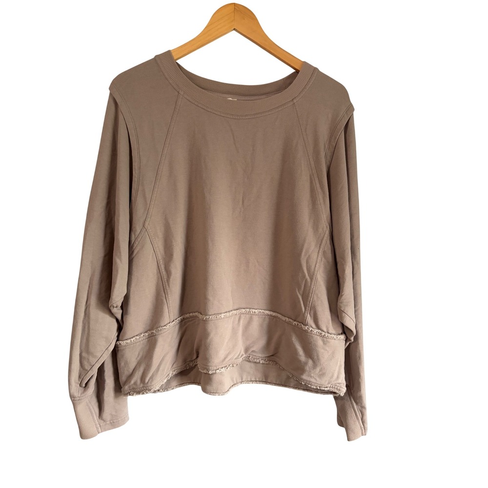 FP Movement Free People Taupe Raw Edge Fleece Sweatshirt Large Womens Athleisure